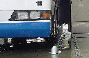 Drive thru Bus Wash 4PL showing Bus travelling along guide rails