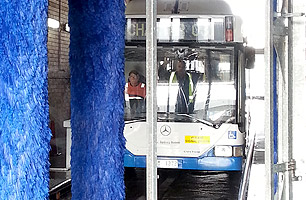 Drive thru Bus Wash 4PL showing bus moving along guide rails